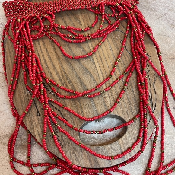 Jewelry - Red Necklace Seed Bead Boho Cascade Layered Handmade Long Gold Beaded Choker